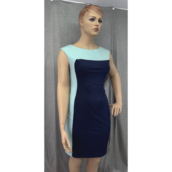 Connected Apparel Bodycon Navy Teal Colorblock Knee Length Dress Women's Size 14 - Picture 2 of 11